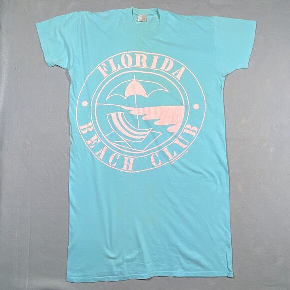 Vintage 80s Florida Beach Club Shirt Dress One Size Aqua Blue Cover‎ Up USA Made - Picture 1 of 10
